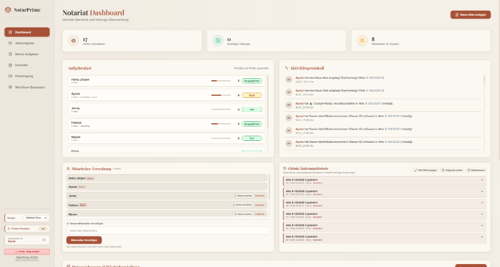 NotarPrime Dashboard Benutzeroberfläche